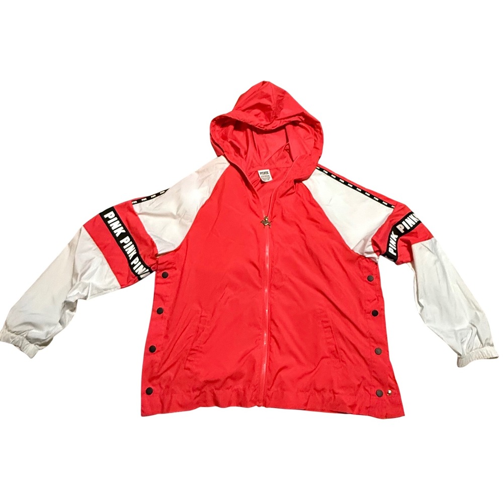 PINK Victoria's Secret Hooded Windbreaker Jacket Neon Pink White Logo Snap XS